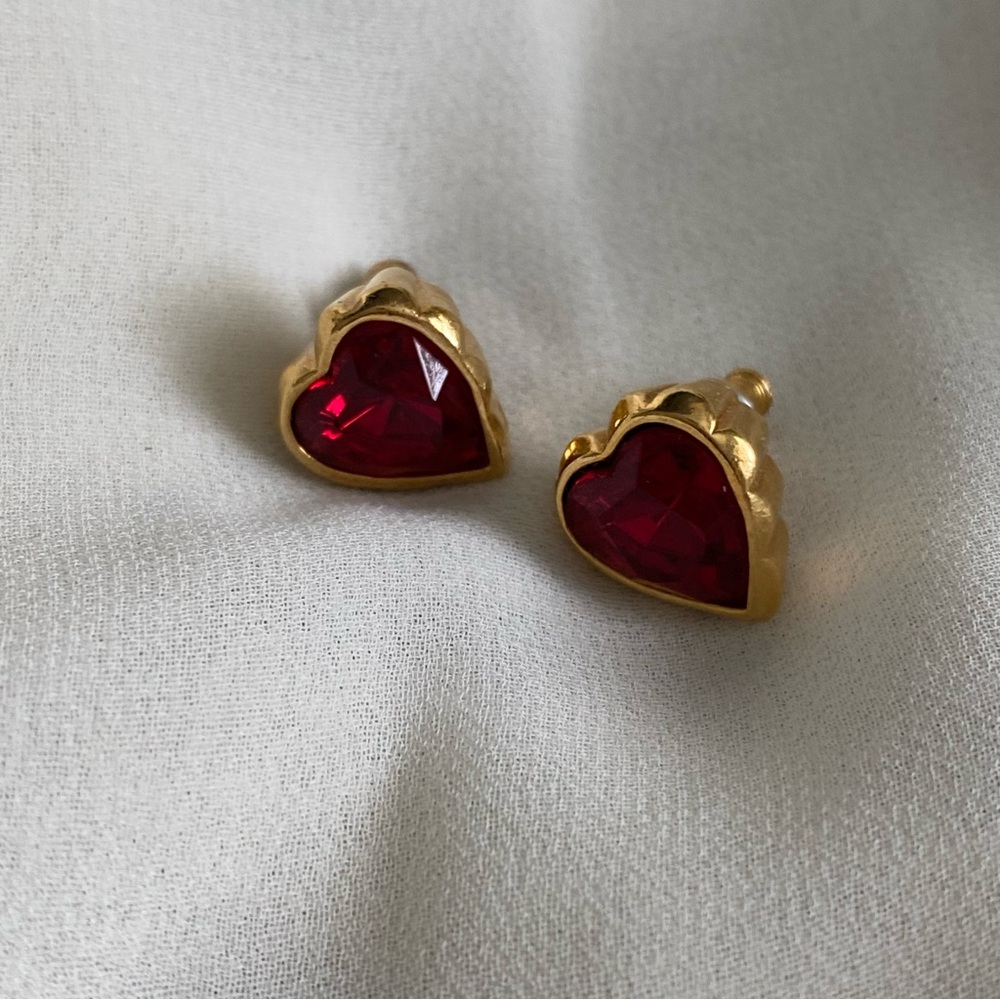 Avon Gold-Tone Heart Stud Earrings with Red Stones